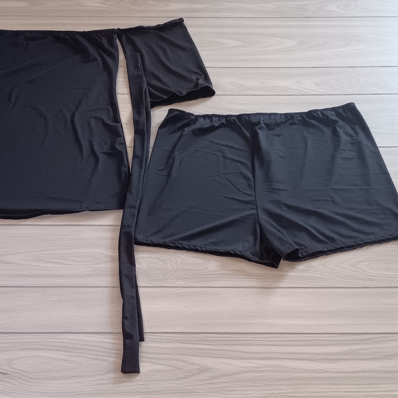 Women One-Shoulder Solid Color Straps Comfortable Elastic Shorts Two-Pieces - Picture 6 of 14